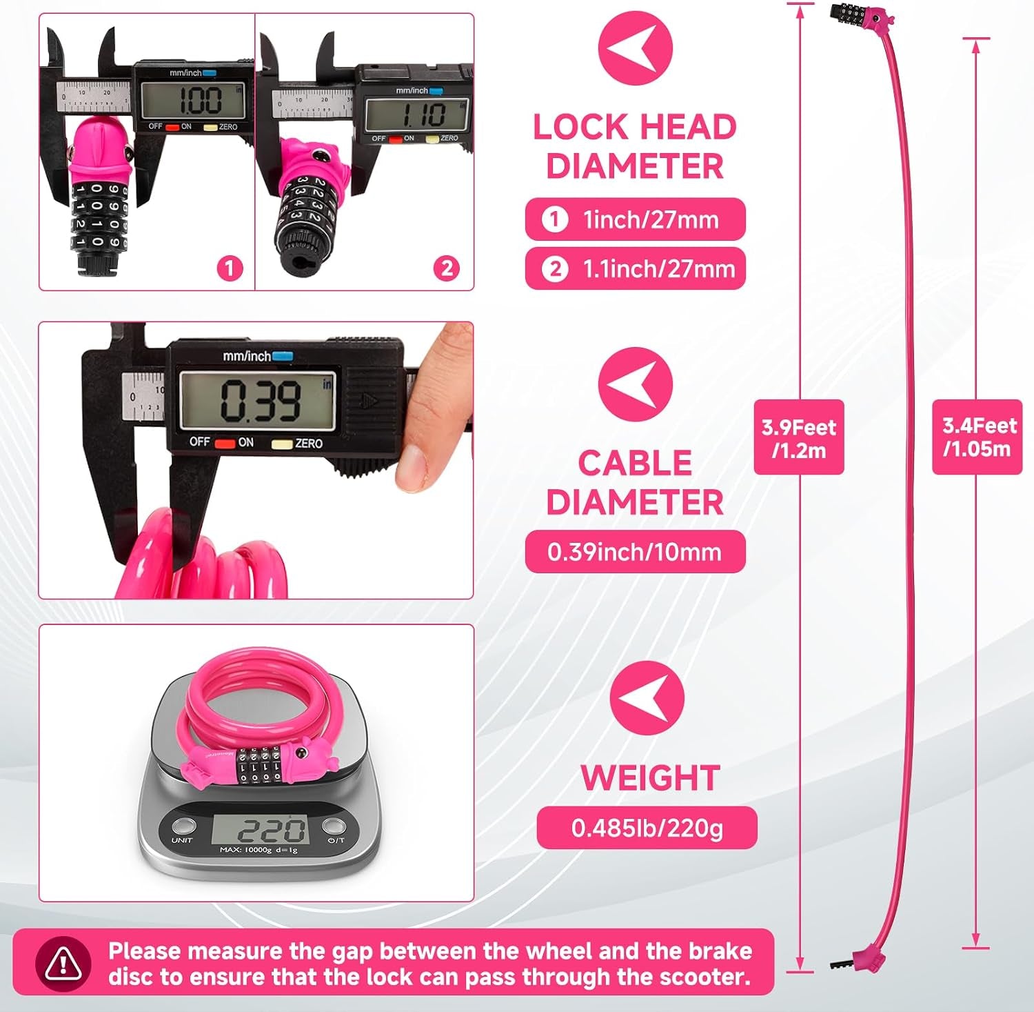 Bike Lock, 3.9 Feet 4-Digit Resettable Combination Password Anti-Theft Cable Lock, Cute Coiled Bike Lock with Mounting Bracket, Suitable for Bicycles, Electric Scooters, Ebikes (Pink-10Mm)
