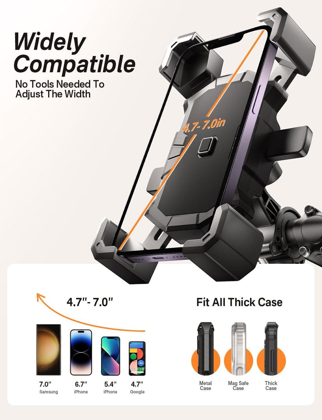 Bike Phone Holder Handlebar,Motorcycle Phone Mount,Atv Cell Phone Clamp,Scooter Phone Clip for Iphone 15 Promax14 13 12Plus, Samsung S24 Ultra S23 and More 4.7"" to 7.0"" Inch Phone