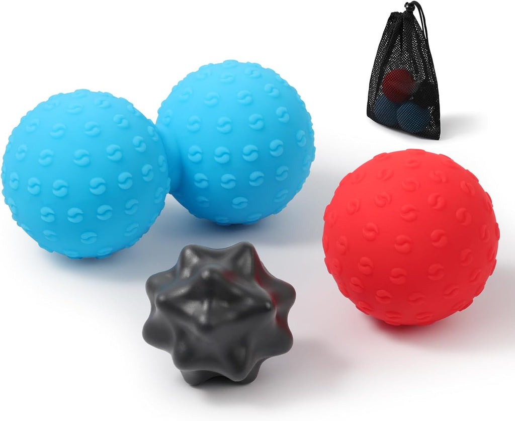 Massage Ball Set, 3 Pack Spiky Ball, Lacrosse Ball & Peanut Massage Roller for Trigger Point Therapy, Deep Tissue Muscle Relaxation for Back, Neck, Hip, Leg & Foot with Mesh Bag