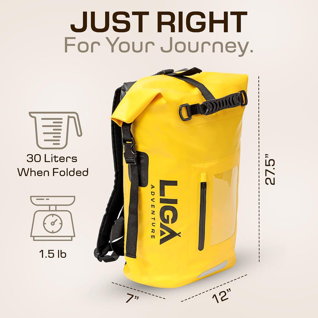 LIGA Waterproof Duffel Bag – 30L – Heavy Duty Roll-Top Closure – Fully Waterproof – Cushioned Comfort – Dry Bag for Hiking, Kayak, Travel, Biking, Camping, Fishing (Yellow)