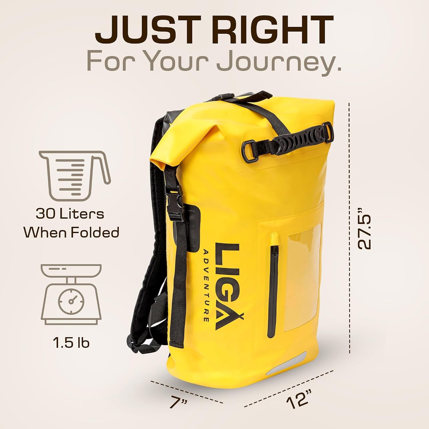 LIGA Waterproof Duffel Bag – 30L – Heavy Duty Roll-Top Closure – Fully Waterproof – Cushioned Comfort – Dry Bag for Hiking, Kayak, Travel, Biking, Camping, Fishing (Yellow)