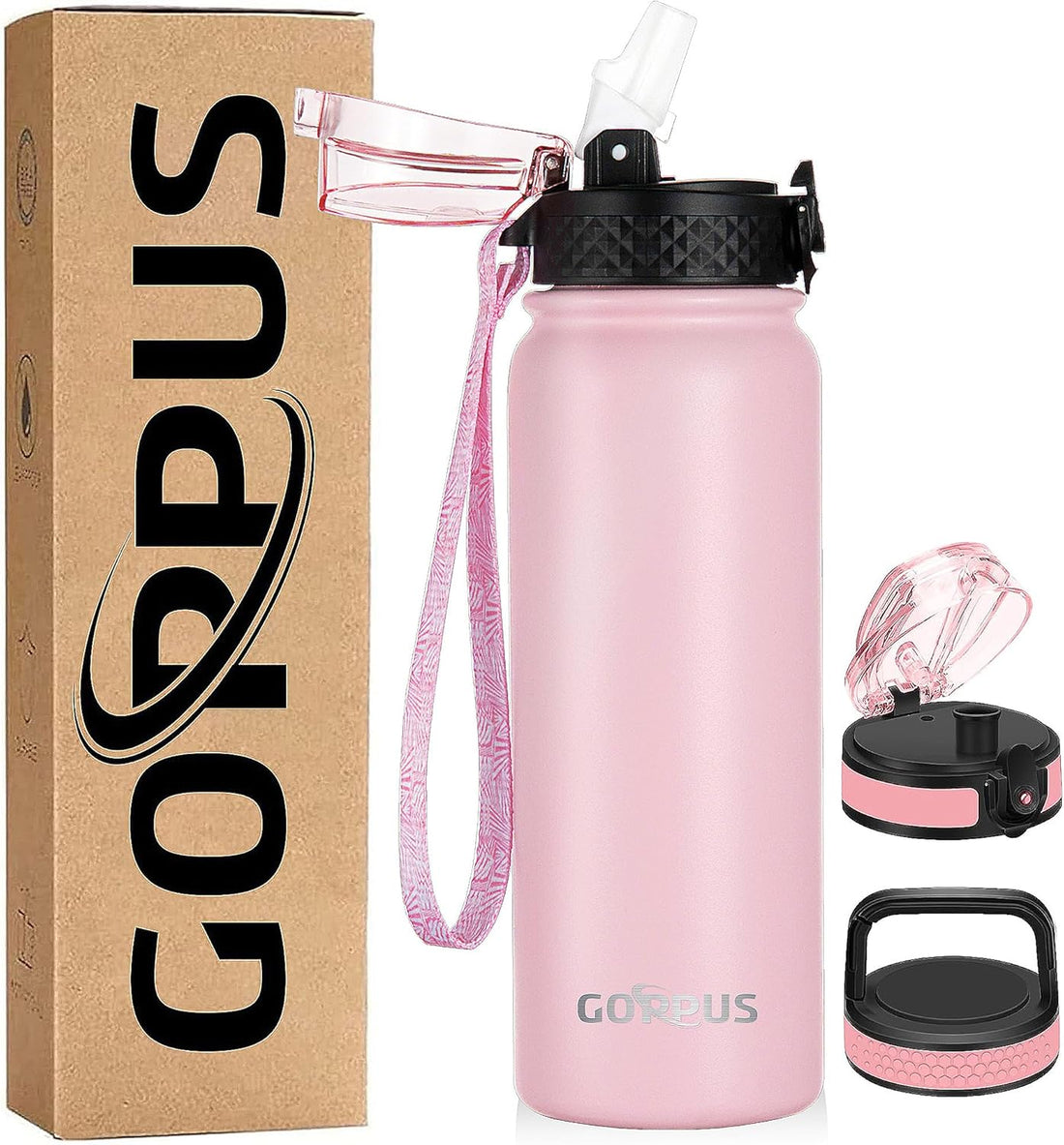 Kids Water Bottle with Straw Spout Wide Mouth Lid 20 Oz Leak Proof Double Walled Metal Insulated Stainless Steel Sports Water Bottles with Strap Handle Stickers for Boys Girls School(3 Lids)