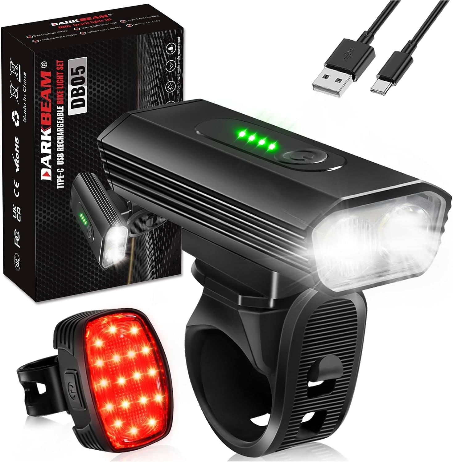 Bike Headlight Rechargeable USB-C, Bicycle Lights 4000LM | Ultra Bright, Mountain Bike Light Set for Night Riding, 6+5 Mode Waterproof Front Bike Light & Rear Light for Road, Cycling
