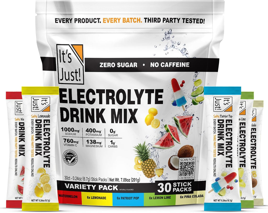 - Electrolyte Drink Mix, Zero Sugar, 30 Count Travel Ready Hydration Packets, 1000Mg Sodium, Gluten Free, Non-Gmo, No Caffeine (30 Count, Variety)