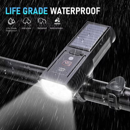 Solar Bike Lights, 3000LM Night Ultra Bright Bicycle Lights Headlight with Electric Bell, Rechargeable Bike Lights, Easy Install Waterproof
