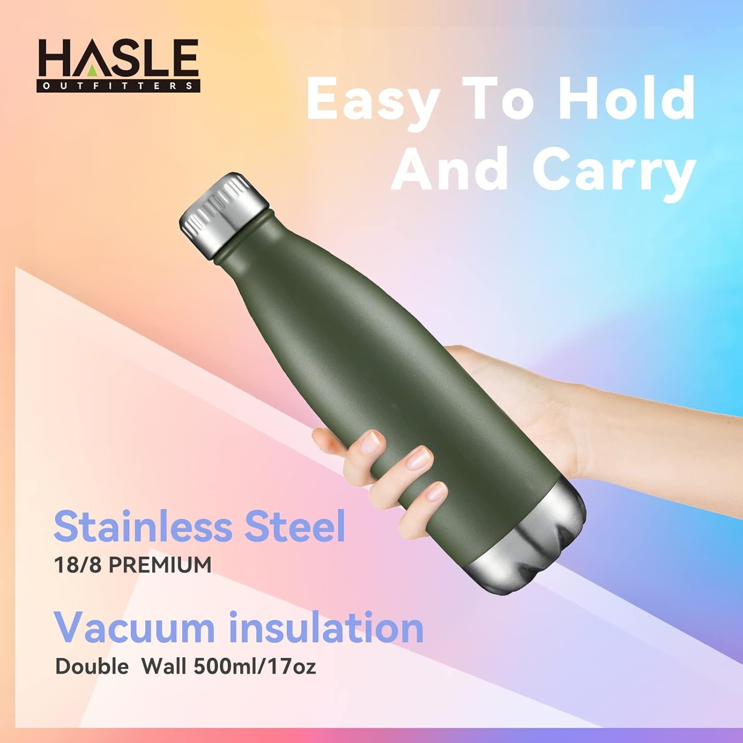 17Oz Stainless Steel Water Bottles, Vacuum Insulated Double Walled Powder Coated Reusable Metal Sports Water Bottles Keep Drinks Hot and Cold, Armygreen, 1Pack