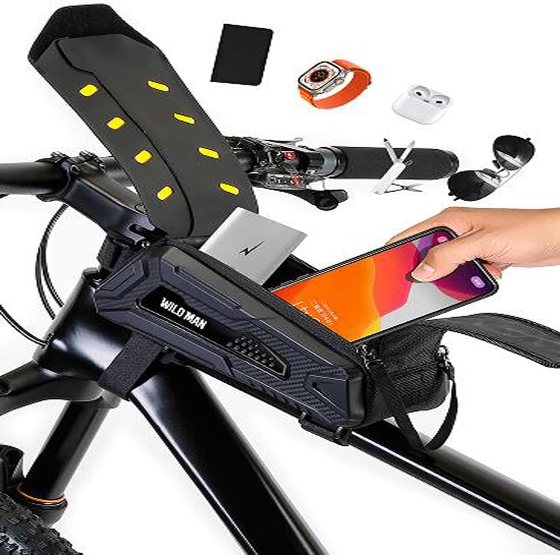 Bike Frame Bag, Waterproof Bike Phone Mount Holder Bicycle Front Top Tube Pouch Pannier Cycling Frame Storage Bag Cycle Crossbar Bags for Iphone 16 15 14 13 12 Pro Max Samsung Smartphones up to 6.9''