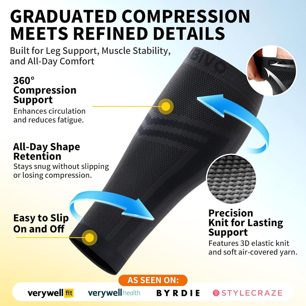 Calf Compression Sleeve for Men Women Footless | Graduated Compression, Shin Splint Relief, Moisture Wicking, Running Standing Travel, 4D Knit Anti-Slip, Varicose Veins