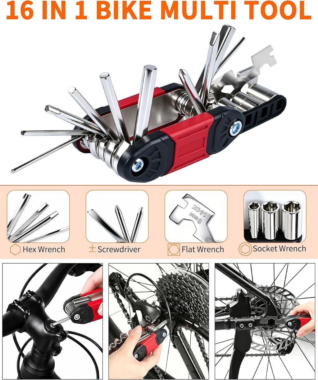 14-Piece Bike Repair Kit with Tire Pump, Portable and Durable | Essential Bicycle Tool Kit with 16-In-1 Tool, Tire Patches, 120 PSI Pump and Reflective Bag for Cycling, Camping and Travel
