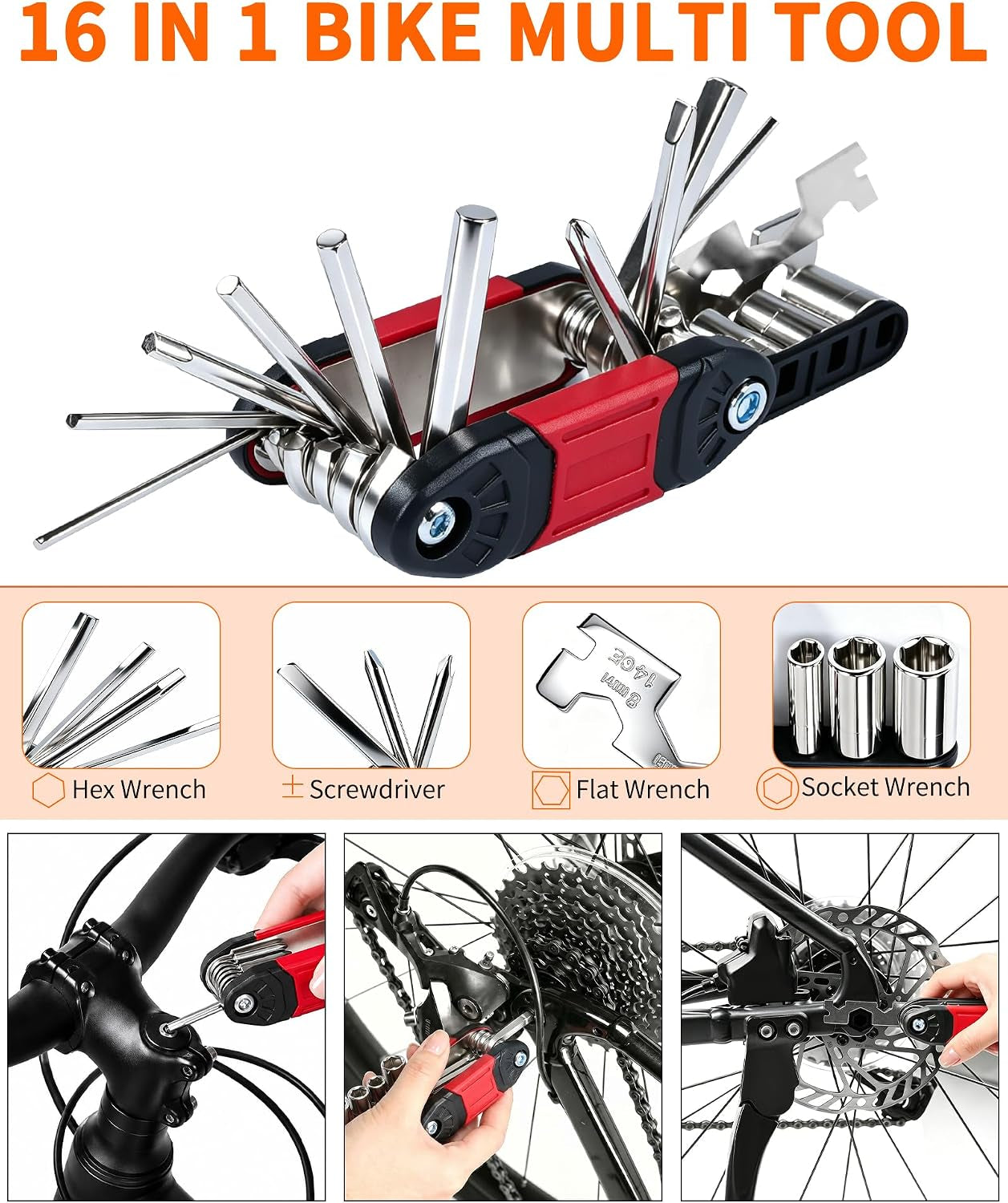 14-Piece Bike Repair Kit with Tire Pump, Portable and Durable | Essential Bicycle Tool Kit with 16-In-1 Tool, Tire Patches, 120 PSI Pump and Reflective Bag for Cycling, Camping and Travel