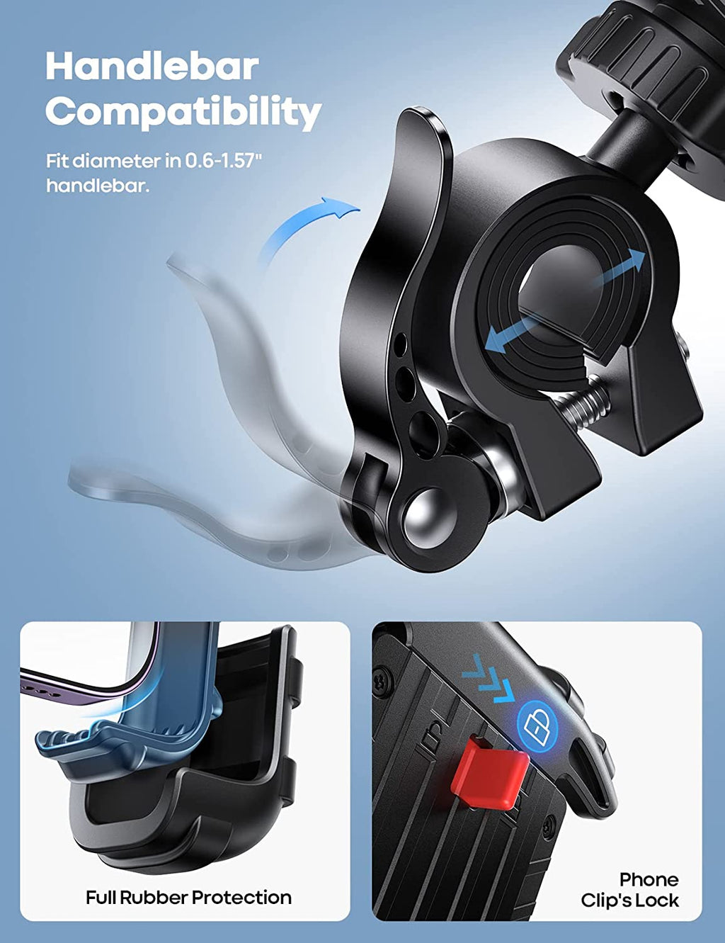 Bike Phone Holder Motorcycle Mount - One-Hand Operation, Lockable | 360° Rotation Handlebar Clamp for 4.7-6.8" Iphone 17 Pro Max Air, Rubber Protect, Road Mountain Bike E-Bike Scooter Holder