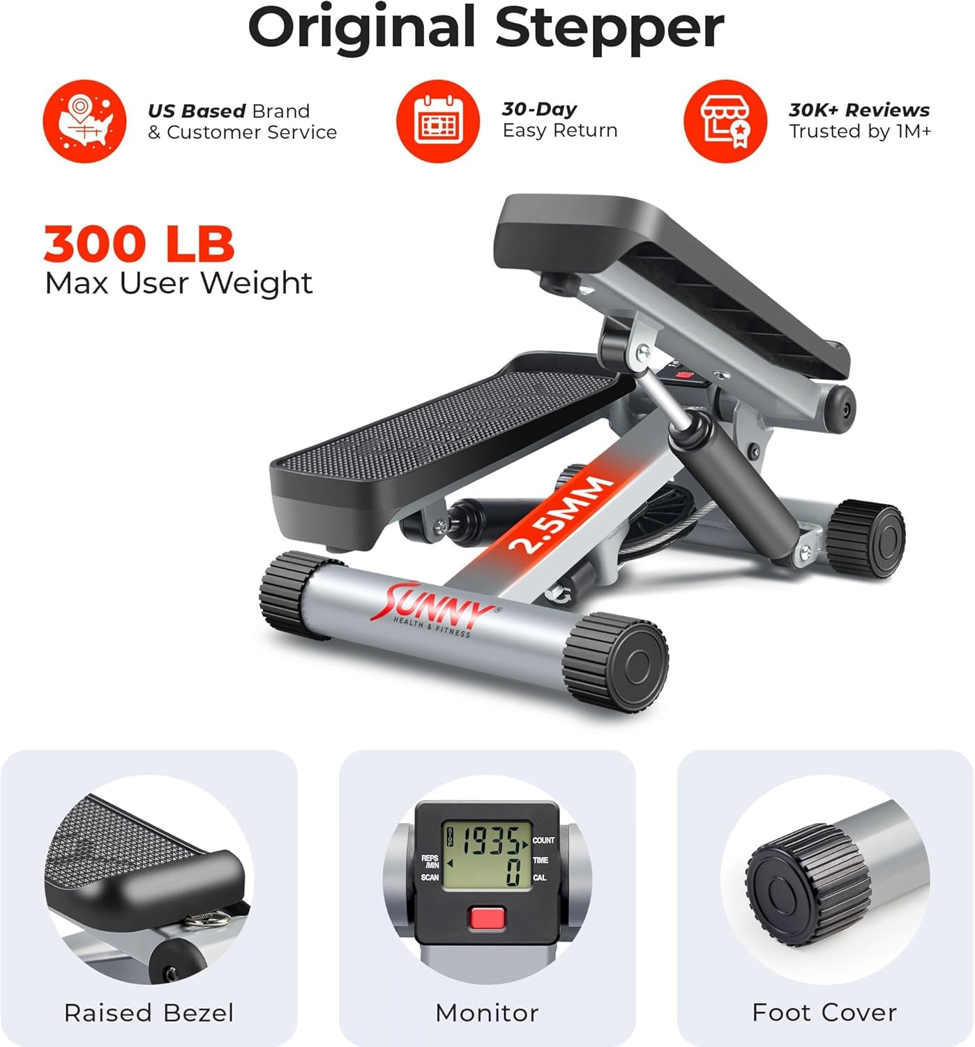 Mini Stair Stepper W/Resistance Bands for Home Gym | Full Body Cardio, Adjustable Step Height, Hydraulic Resistance, LCD Meter, No Assembly, 300 Lb Capacity, Sunnyfit App