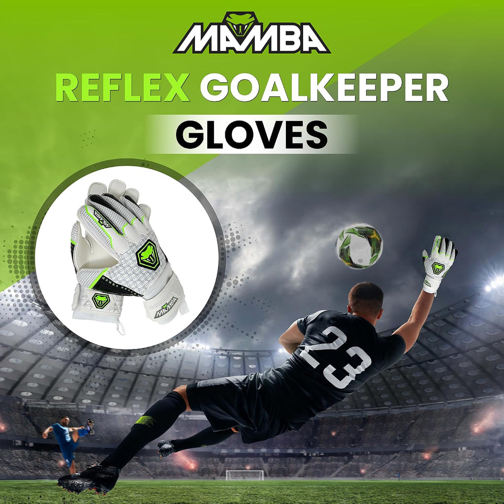 Reflex Goalkeeper Gloves | Youth/Adult | Quality Latex Palm & Back Hand | Removable Finger Spine Protection & Double Length Latex Wristband | Standout Design