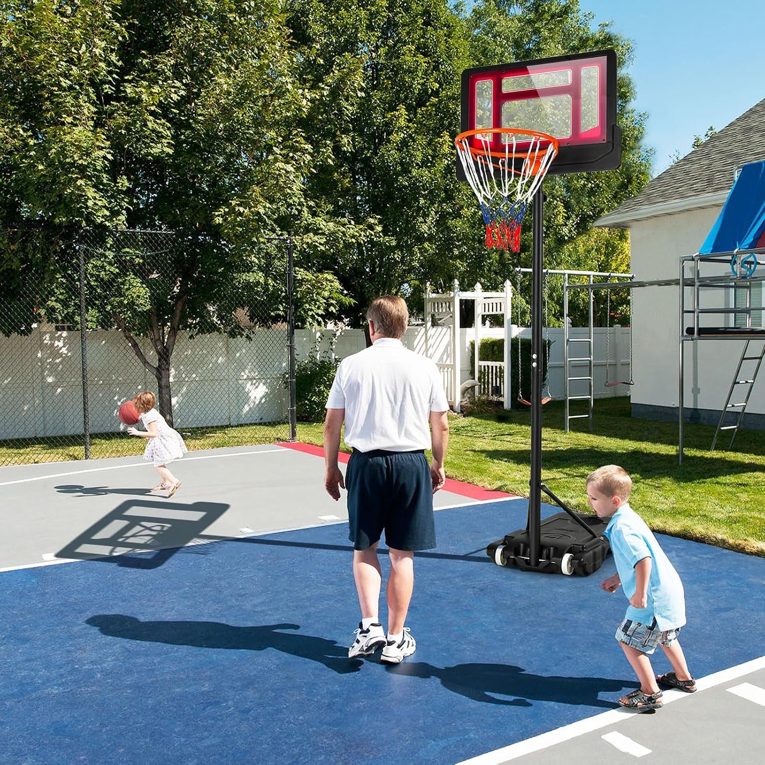 Basketball Hoop Outdoor Indoor, 4.3 FT-8.2 FT Height Adjustable Basketball Goal Court System W/Fillable Base, Backboard & 2 Wheels, Portable Basketball Hoop for Kids Backyard Driveway
