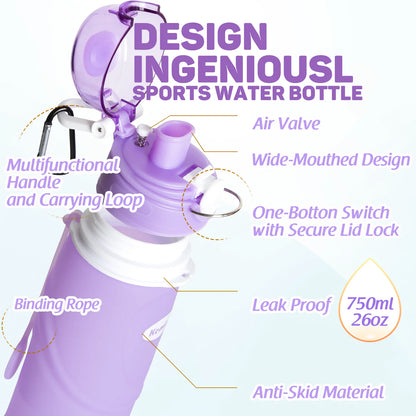 Collapsible Silicone Water Bottles-750Ml,Medical Grade,Bpa Free Travel Water Bottle Can Roll Up,26Oz,Leak Proof Foldable Sports &amp; Outdoor Water Bottles
