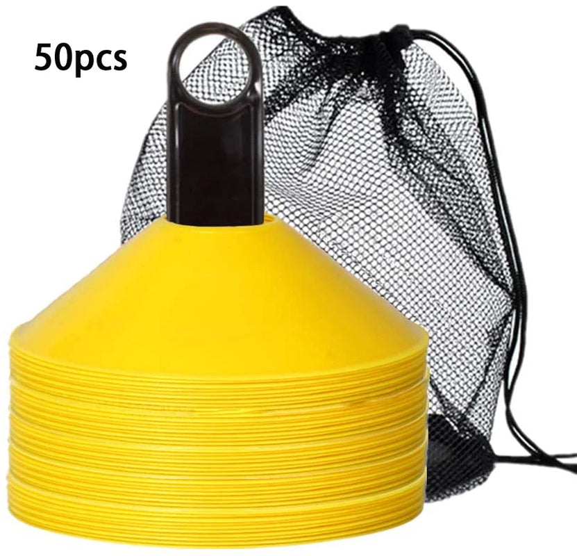 Set of 50 Agility Soccer Cones with Carry Bag Logo Disc and Holder for Training Football Kids Sports Field Cone Markers