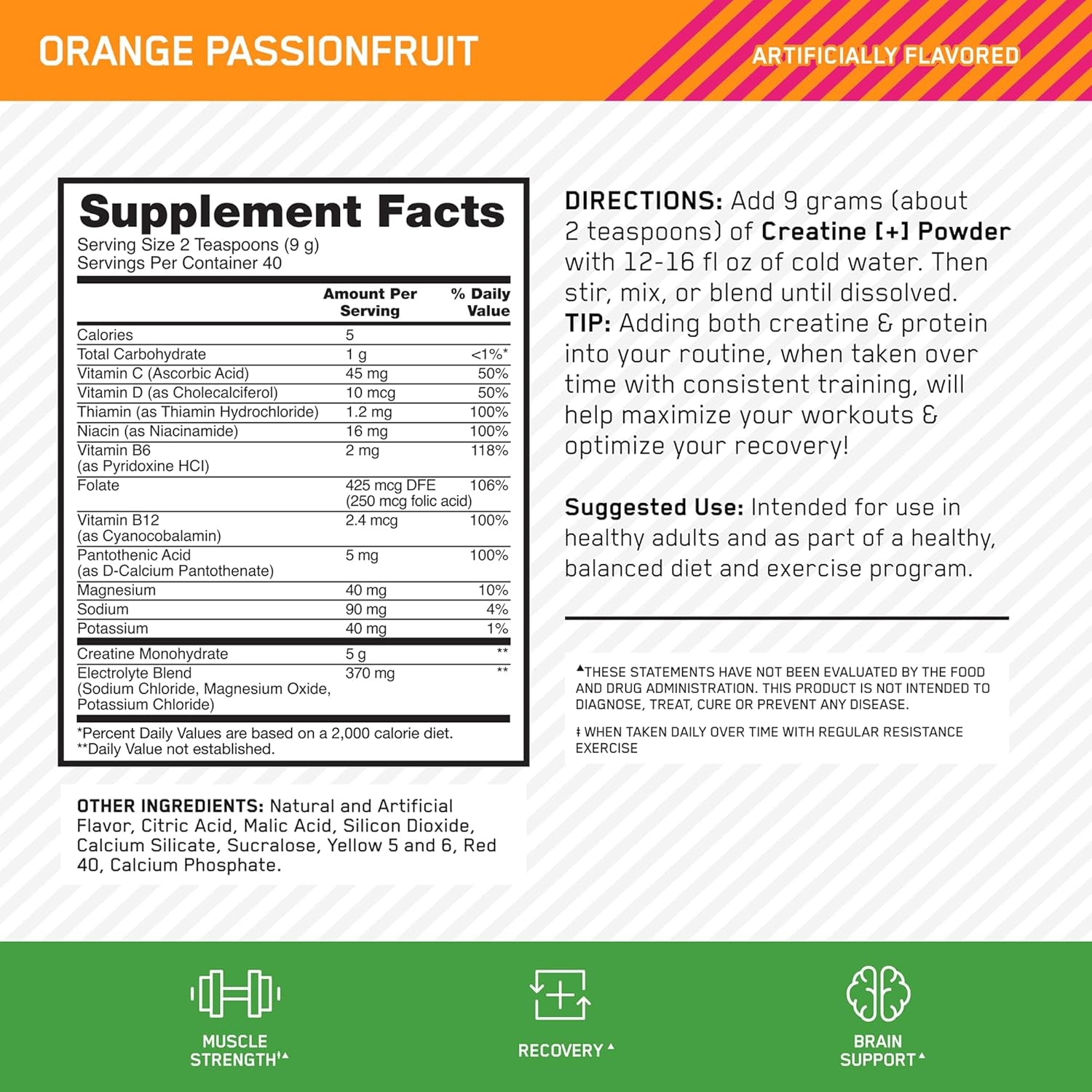 Creatine Monohydrate plus Powder, Orange Passionfruit Flavored Creatine Performance Blend with Electrolytes for Hydration, Added Vitamins, 40 Servings, 360 Grams (Packaging May Vary) | Monohydrate Creatine Performance Blend, with Electrolytes for Hydration, Added Vitamins, Supports Energy and Muscle Recovery