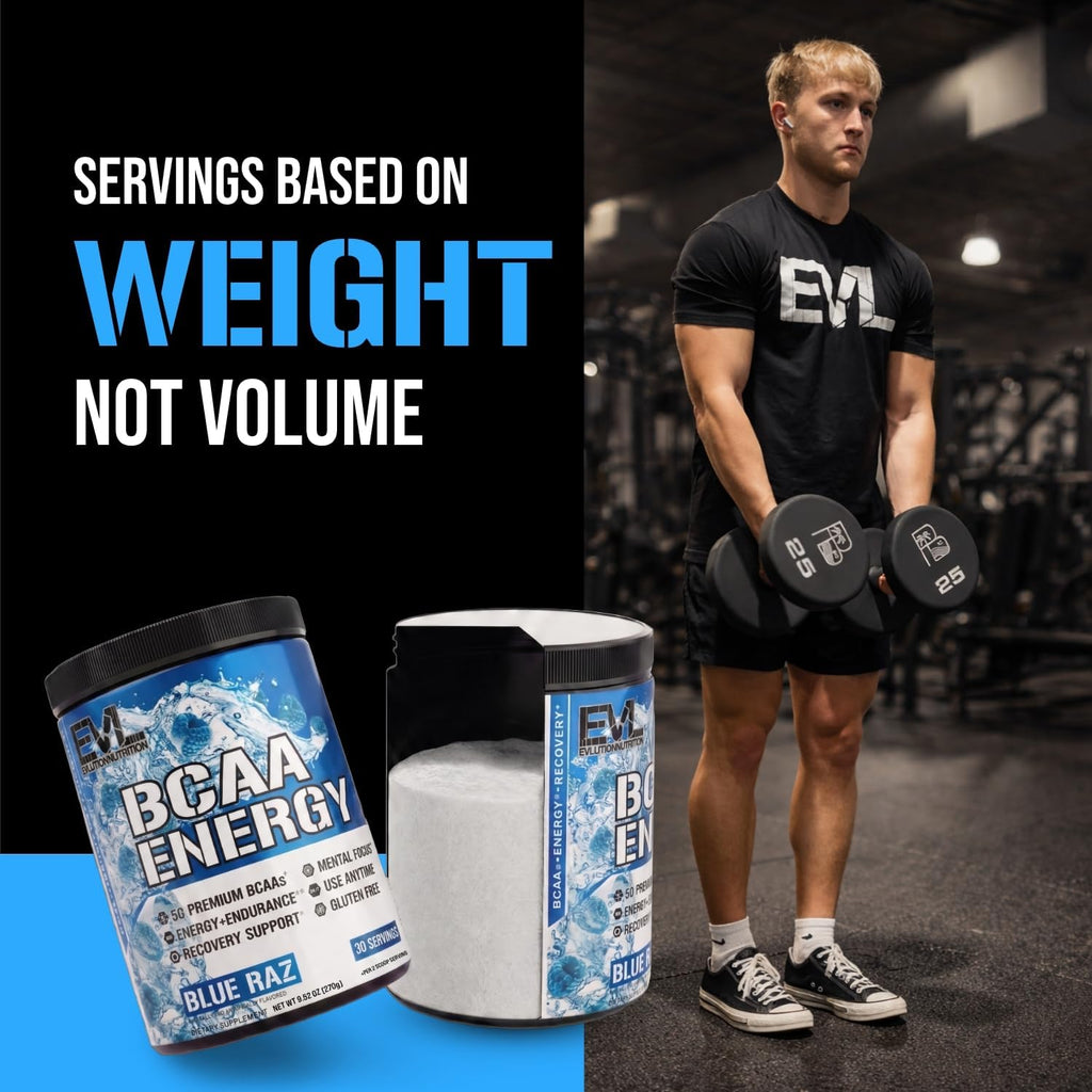 EVL BCAA Energy Amino Acids Powder with Natural Caffeine - Blue Raz | Supports Muscle Recovery, Lean Growth, Endurance and Hydration with Branched-Chain Amino Acids (Bcaas) - 30 Servings