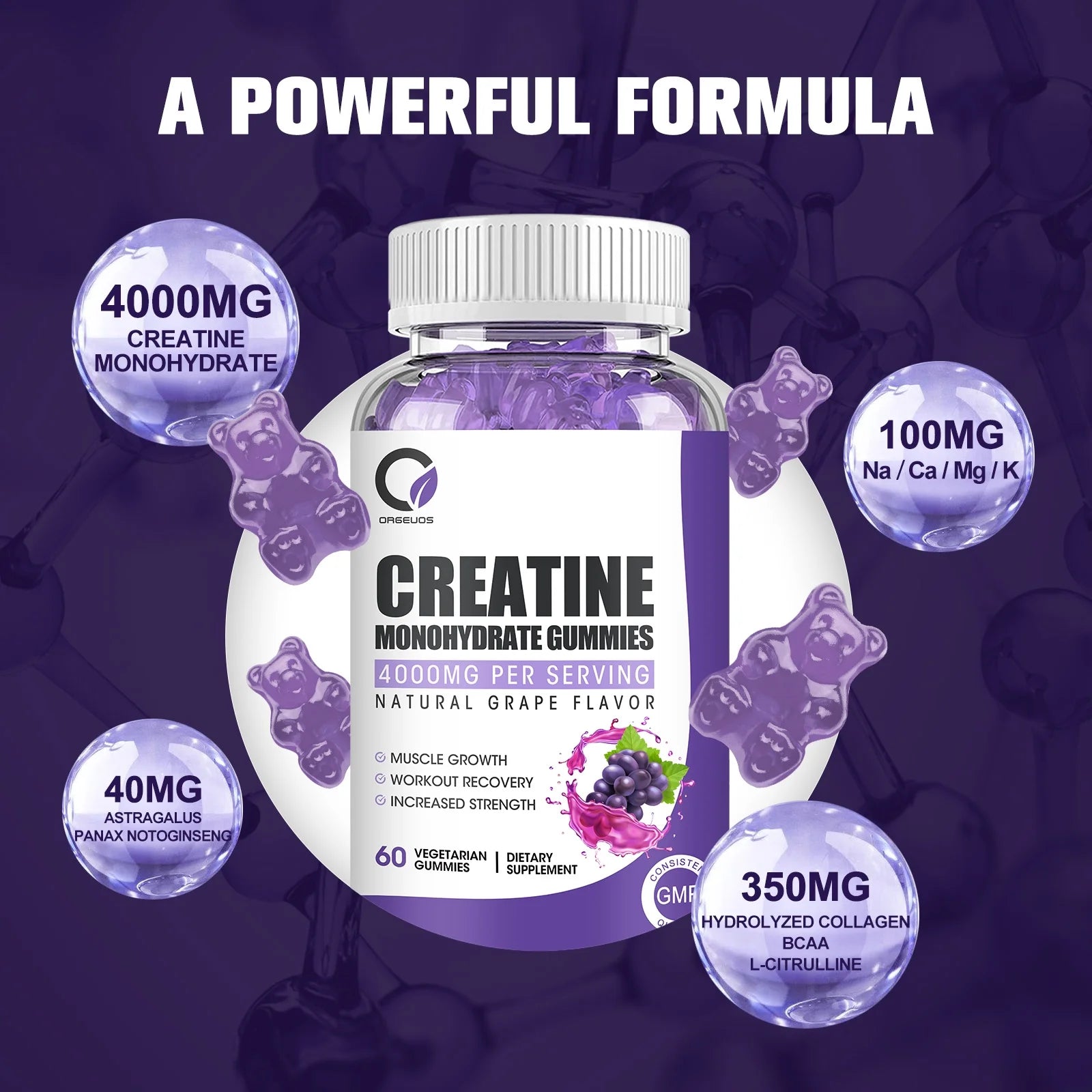 Creatine Monohydrate Gummies for Women &amp; Men, Boost Focus, Strength, and Endurance, Gluten-Free, Non-Gmo, 4 Grams of Creatine per Serving , 60 Gummies