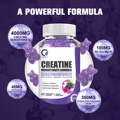 Creatine Monohydrate Gummies for Women &amp; Men, Boost Focus, Strength, and Endurance, Gluten-Free, Non-Gmo, 4 Grams of Creatine per Serving , 60 Gummies