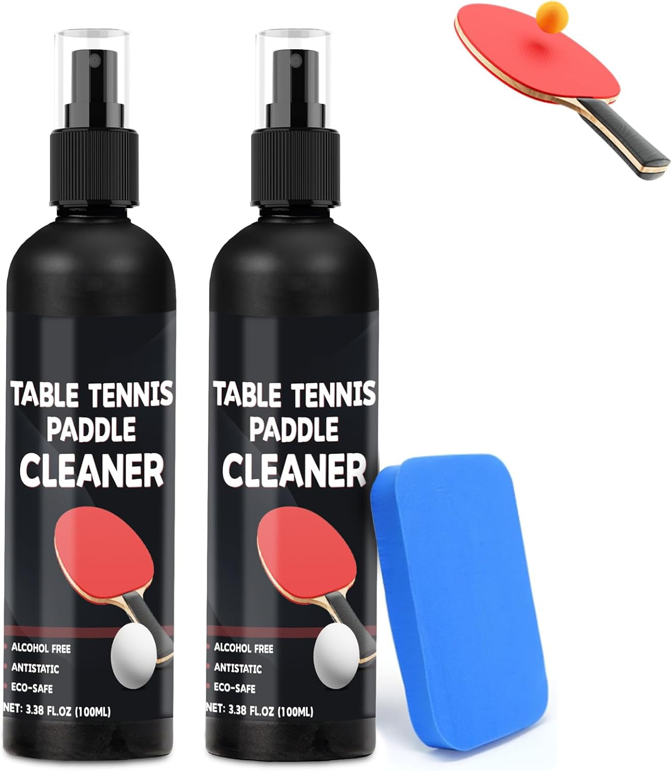 200Ml Table Tennis Paddle Cleaner Spray and Table Tennis Rubber Cleaner Sponge - Strips Impacted Residue and Increases Spin and Control - Transparent | 2 Sprays & Sponge, Cleans Dirt & Grease, Extends Rubber Life, Increases Spin and Control,Simple Application,Ideal for Players