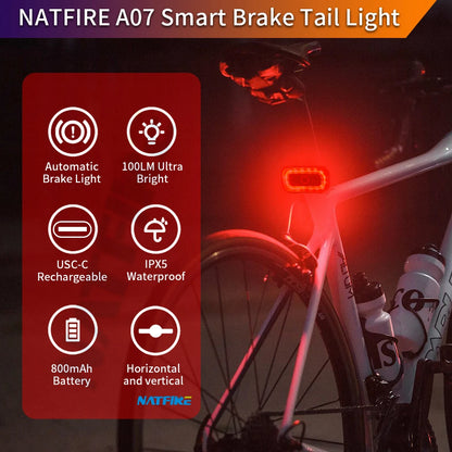 A07 Smart Bike Tail Light Brake Sensing Rear Lights Auto on off USB C Rechargeable Safety Warning Cycling Lights