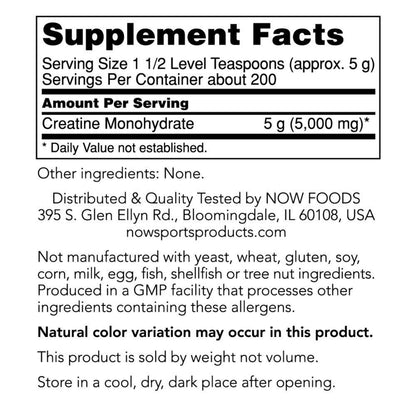 NOW Sports Creatine Monohydrate 200 Servings Energy Mass Building Supplement