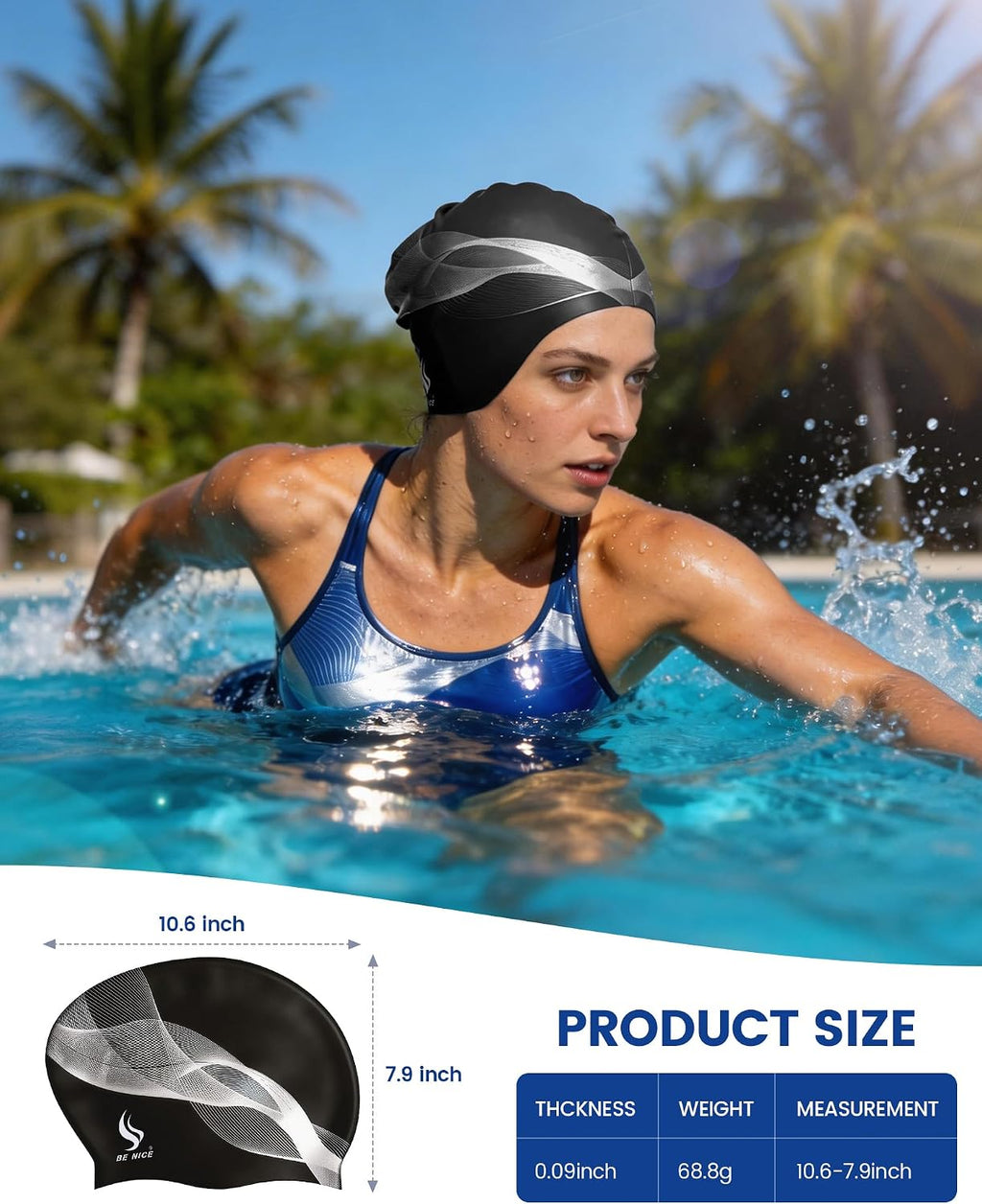 Silicone Swim Cap for Long Hair - X-Large Waterproof Swim Hat for Men Women Adults, Dreadlocks, Braids, Curls & Afros, Black