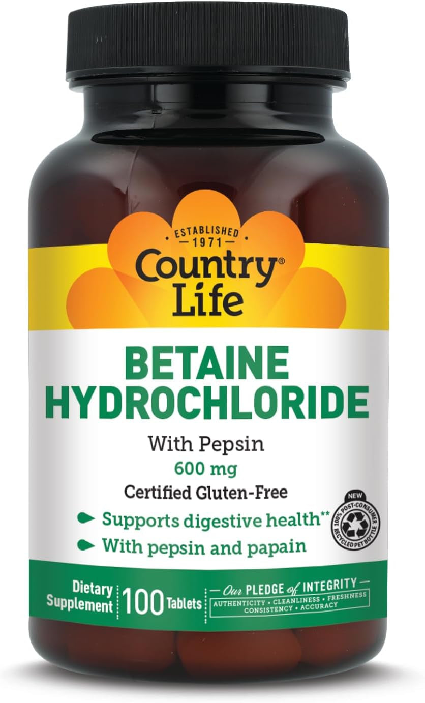 Betaine Hydrochloride with Pepsin, 600Mg, 100 Tablets, Certified Gluten Free | Supports Digestive Health with Pepsin Enzyme Blend; Free from Wheat, Soy, Yeast and Preservatives