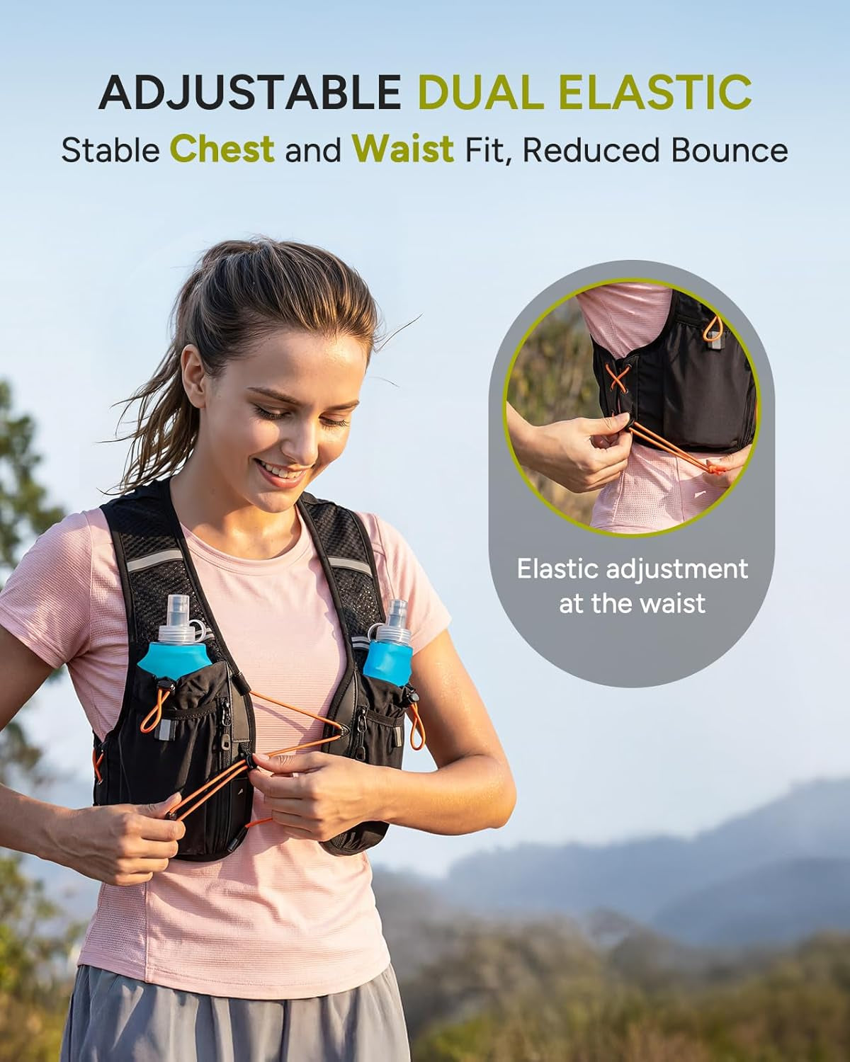 Running Vest for Women Men, 2PCS 500Ml Soft Flasks, Adjustable Chest Waist Fit, Multi-Pockets, Lightweight Breathable Reflective Hydration Backpack for Running, Trail, Cycling, Hiking