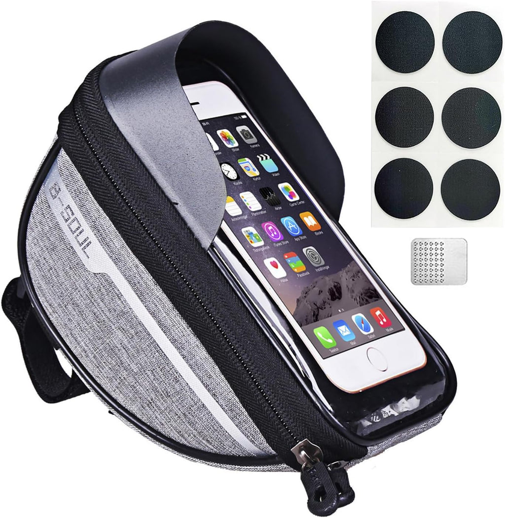 Bike Phone Front Frame Bag, Bicycle Phone Holder, Bike Handlebar Bag | Waterproof, Tube Case, Bicycle Accessories Compatible Cellphone under 7.2”, Cycling Pouch with 6Pcs Glue-Free Tire Patches
