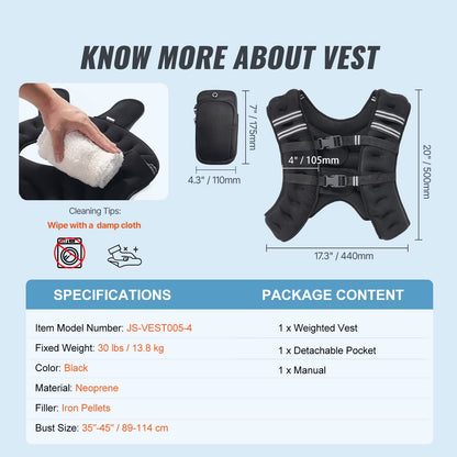Weighted Vest, 30 Lbs Adjustable with Safety Reflective Stripes, Secure Buckle Closure, Ideal for Men and Women, Enhances Workouts Including Strength Training, Running, and Fitness Activities