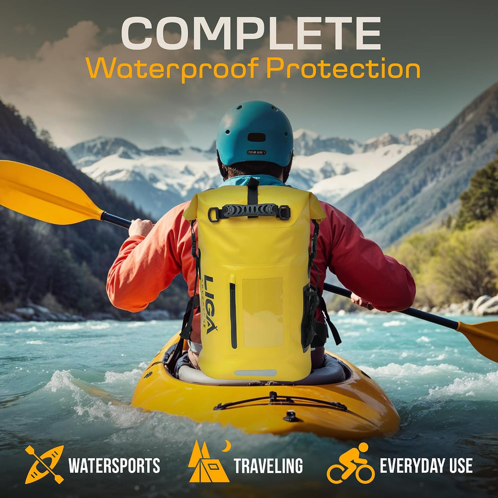 LIGA Waterproof Duffel Bag – 30L – Heavy Duty Roll-Top Closure – Fully Waterproof – Cushioned Comfort – Dry Bag for Hiking, Kayak, Travel, Biking, Camping, Fishing (Yellow)