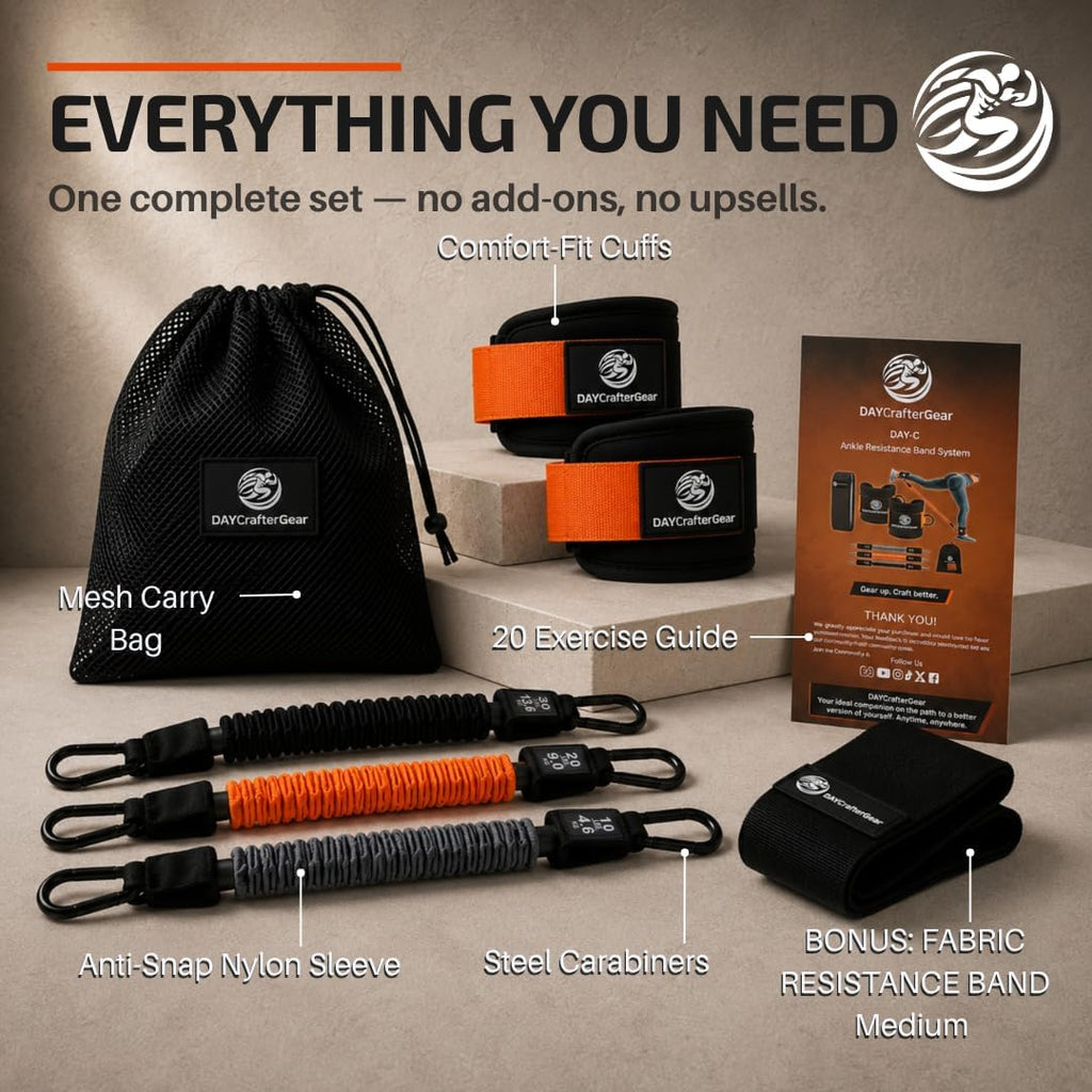 Ankle Resistance Bands with Cuffs & Bonus Fabric Resistance Bands for Working Out – Home Workout Set for Legs, Glutes, Yoga, Pilates, Strength Training Women & Men – Includes Bag & Guide