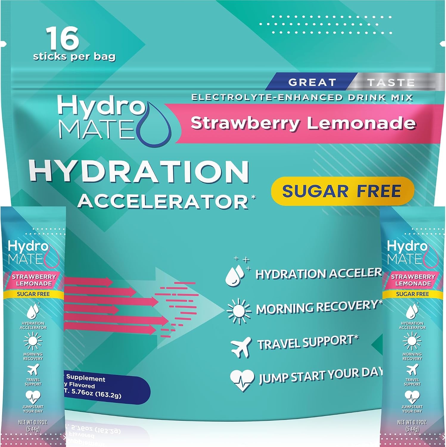 Electrolyte Powder Sugar-Free Hydration Packets Strawberry Lemonade Hydromate 16 Sticks