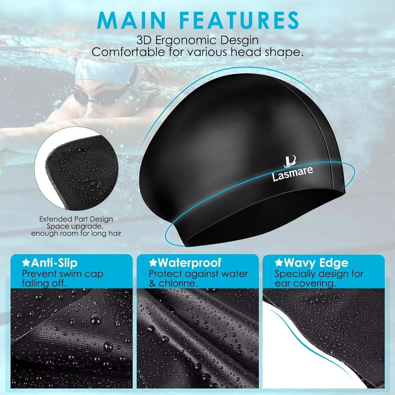 Large Long Hair Swim Cap with Extra Room for Women Men, Silicone Swimming Cap Fo