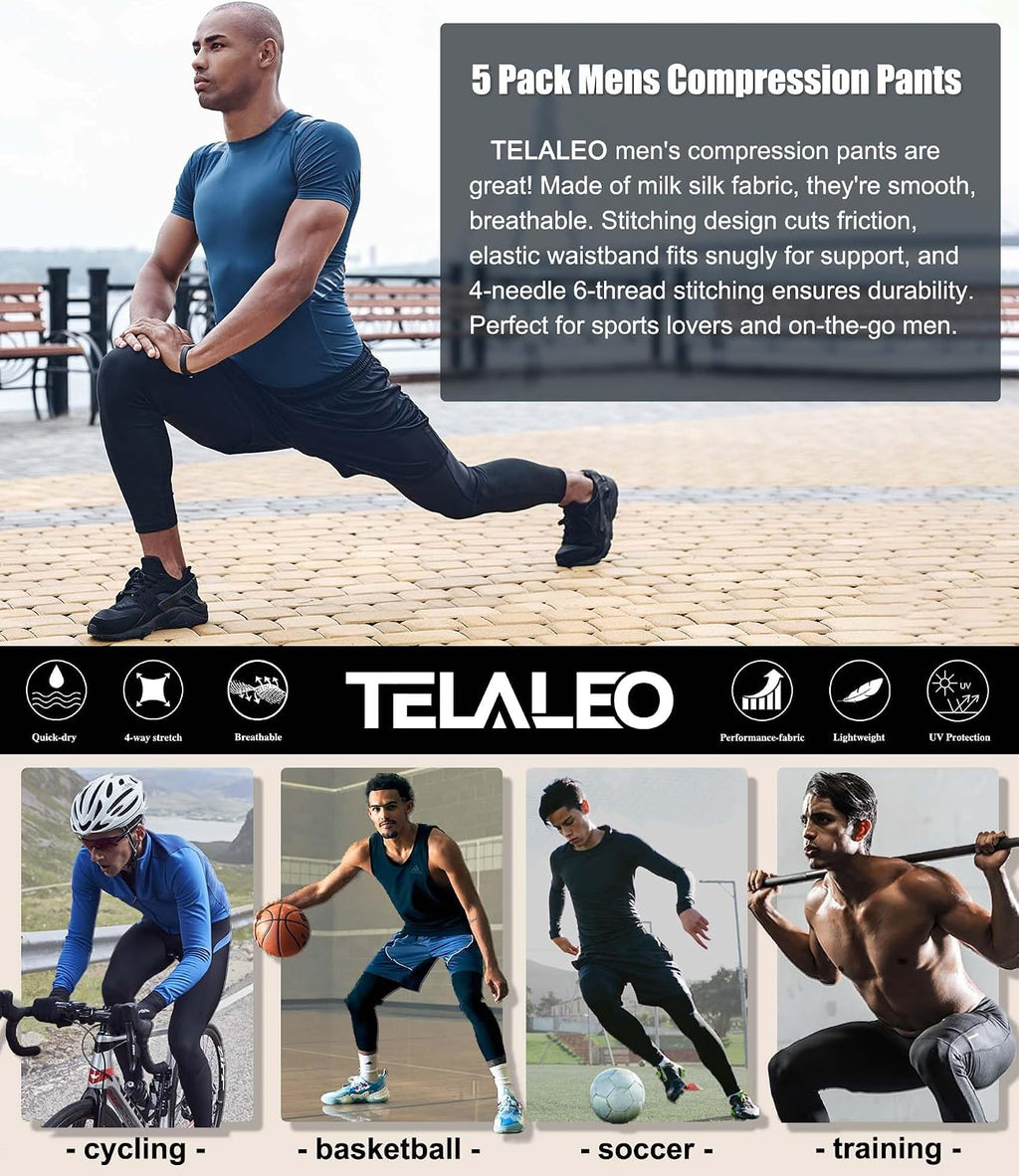 5 Pack Men'S Compression Pants Performance Leggings Tights Baselayer | Moisture Wicking, Lightweight, Tagless, Quick Dry, 4 Way Stretch, Elastic Fabric, Workout, Fitness, Gym, Running, Basketball