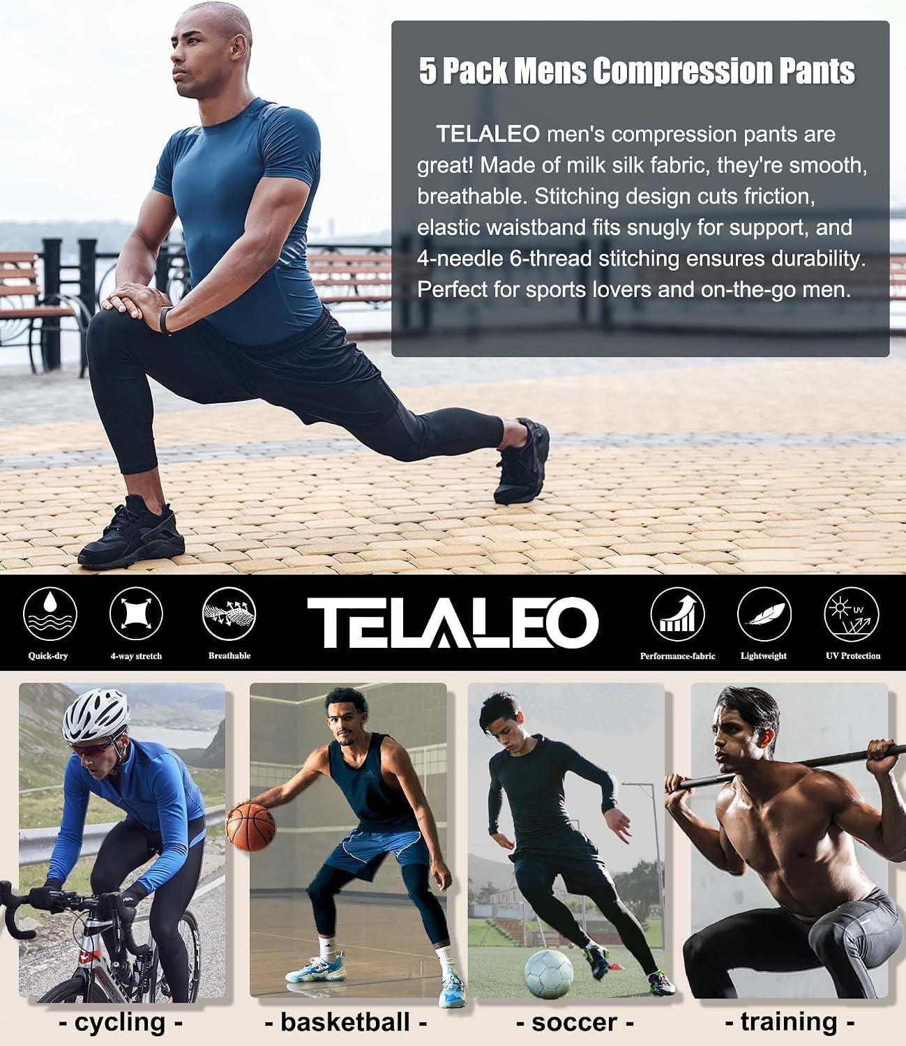 5 Pack Men'S Compression Pants Performance Leggings Tights Baselayer | Moisture Wicking, Lightweight, Tagless, Quick Dry, 4 Way Stretch, Elastic Fabric, Workout, Fitness, Gym, Running, Basketball