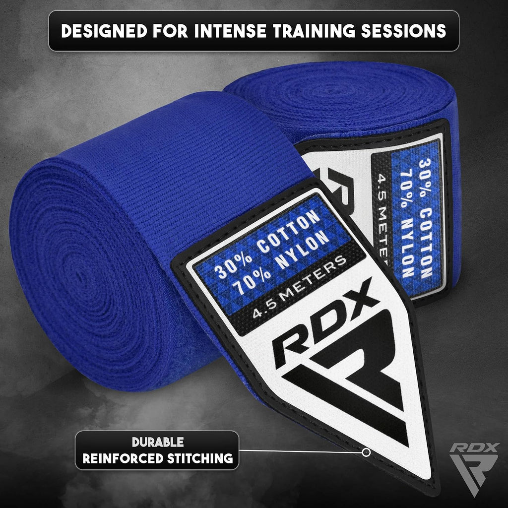 Boxing Hand Wraps 4.5M / 180 Inches – Mexican Style Semi-Elastic MMA Inner Gloves - Wrist Support for Muay Thai, Kickboxing, BJJ, Karate - Thumb Loop & Hook and Loop Closure - Cotton & Nylon Blend