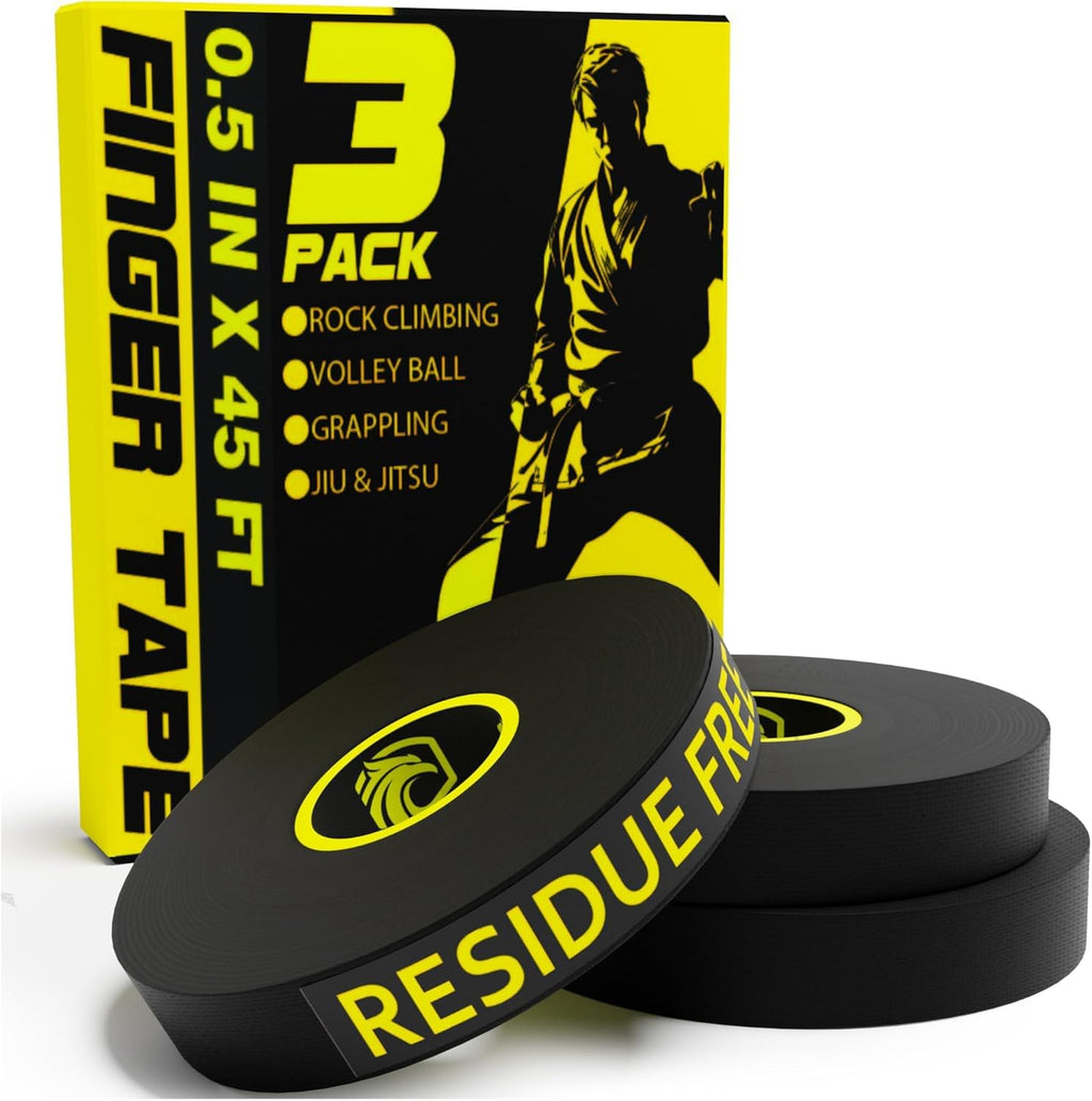 Finger Tape 2, 3, 6 or 12 Pack Black or White | Residue Free Skin Friendly Strong Athletic Sports Tapes | 0.5” X 45 Ft for BJJ Jiu Jitsu Grappling MMA Knob Tape Weight (Black, 3 Pack)