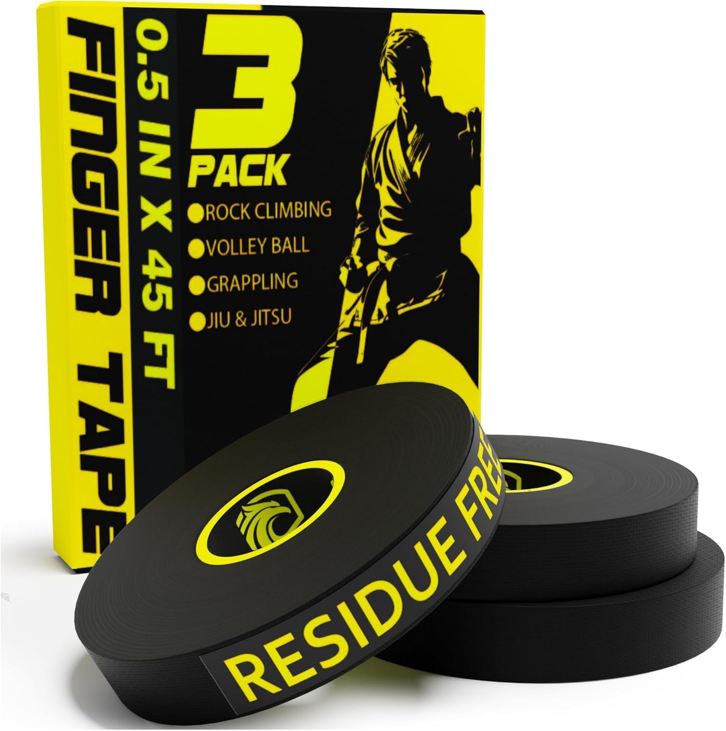 Finger Tape 2, 3, 6 or 12 Pack Black or White | Residue Free Skin Friendly Strong Athletic Sports Tapes | 0.5” X 45 Ft for BJJ Jiu Jitsu Grappling MMA Knob Tape Weight (Black, 3 Pack)