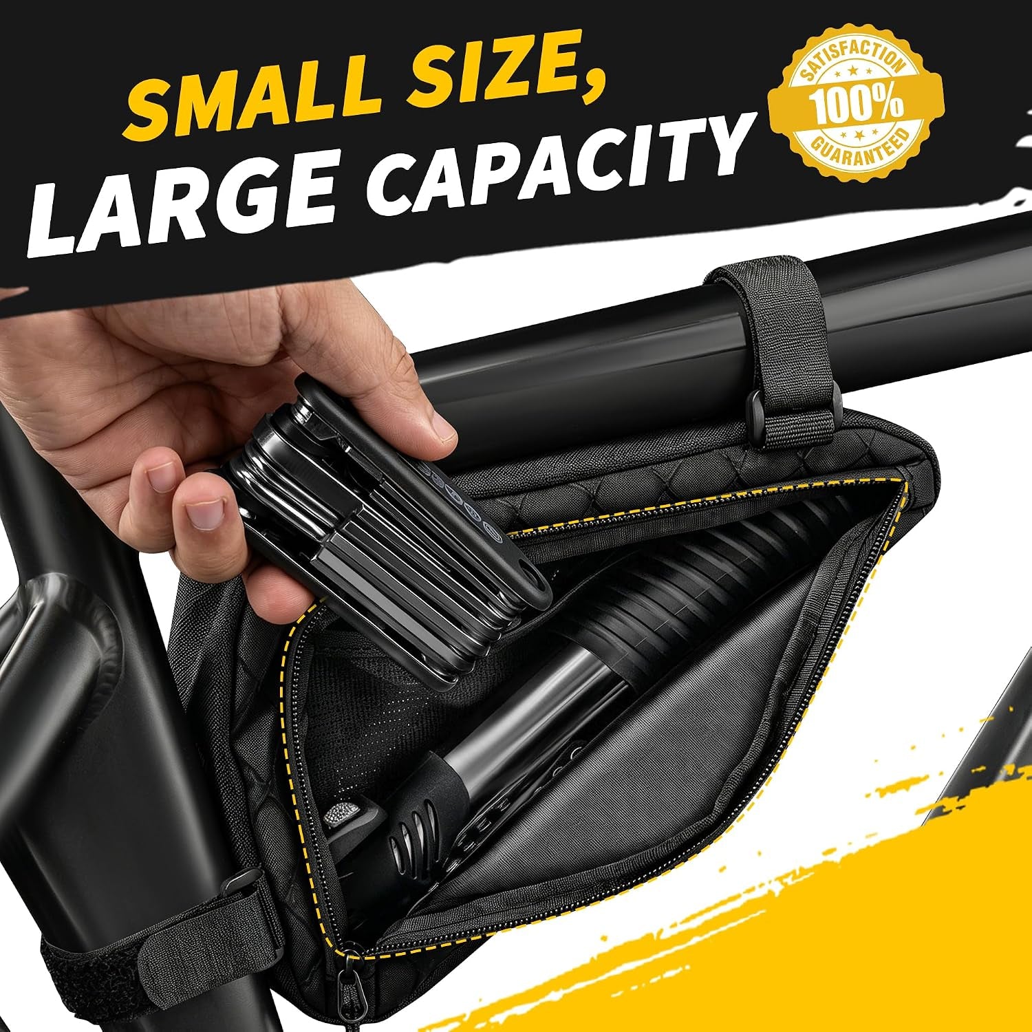 Bike Frame Bag,Bicycle Triangle Bag with Waterproof Zippers,Bicycle under Seat Tool Accessories Pouch for Mountain Road Bikes Triangle Cycling Storage Bags Black