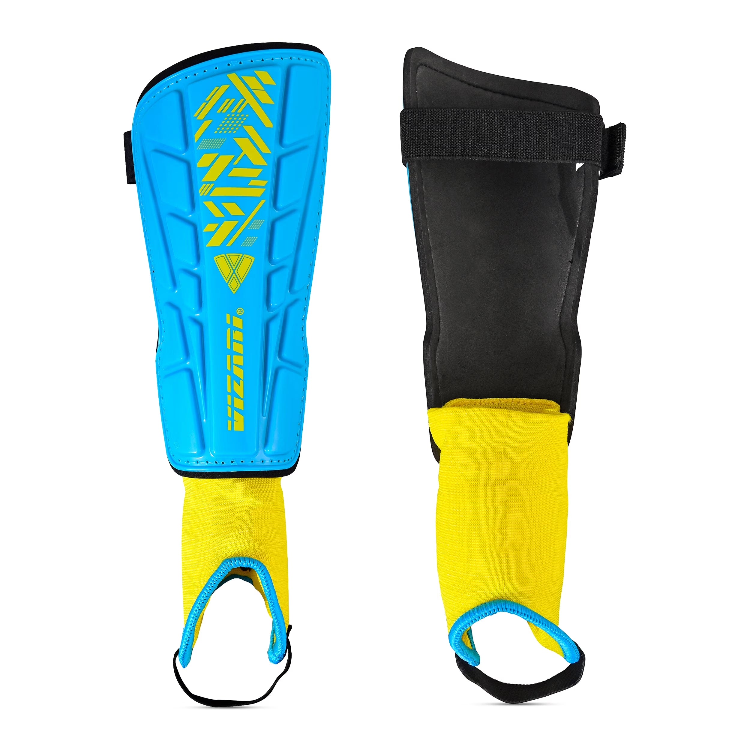 Malaga Shin Guards with Ankle Protection for Kids, Youth, and Adults | Lightweight Soccer Pads for Boys and Girls Ages 3+ - SKY/YELLOW, L