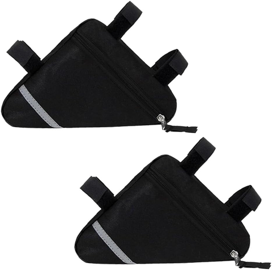 2 Pieces Bike Triangle Bag, Bicycle Front Frame Triangle Bag (Black) | Waterproof Nylon Cycling Triangle Storage Bag with Double-Sided Reflective Decoration, for MTB Road Bike