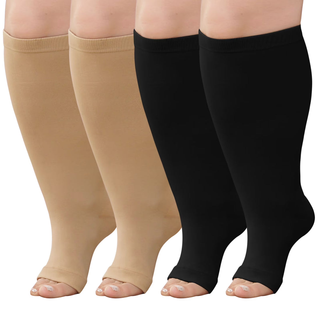Open Toe Compression Socks Women,  Compression Socks for Women and Men - 2 Pairs of 20-30 Mmhg Knee High Stockings, plus Size Toeless Compression Socks for Women Wide Calf, Mixed Color, 3XL