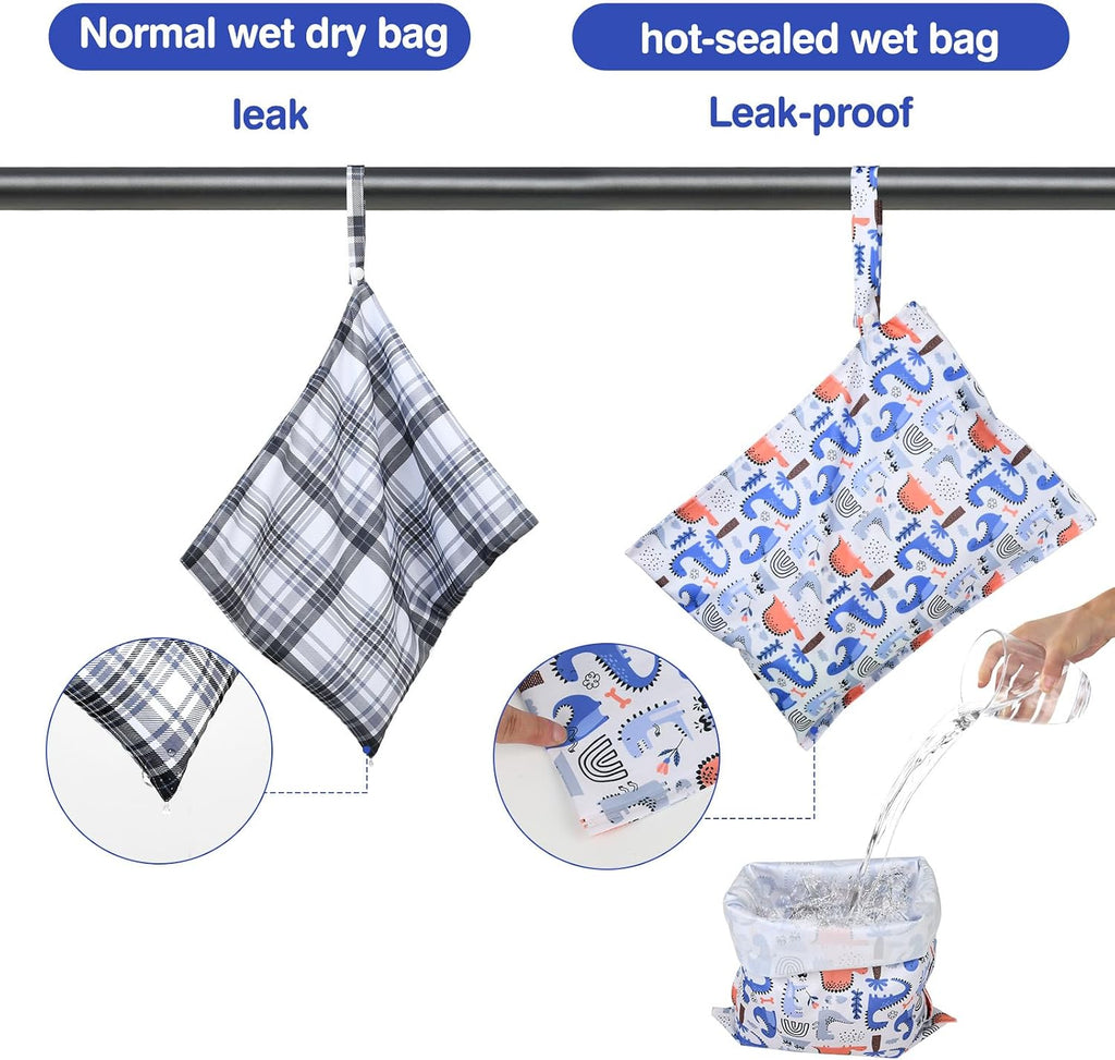 Mess-Proof Waterproof Wet Dry Bag,2 Pack Reusable Wet Bags for Swimsuits& Baby Clothes,Leakproof Wet Bag for Travel & Diaper Changes for Baby-Dinosaur,Lion
