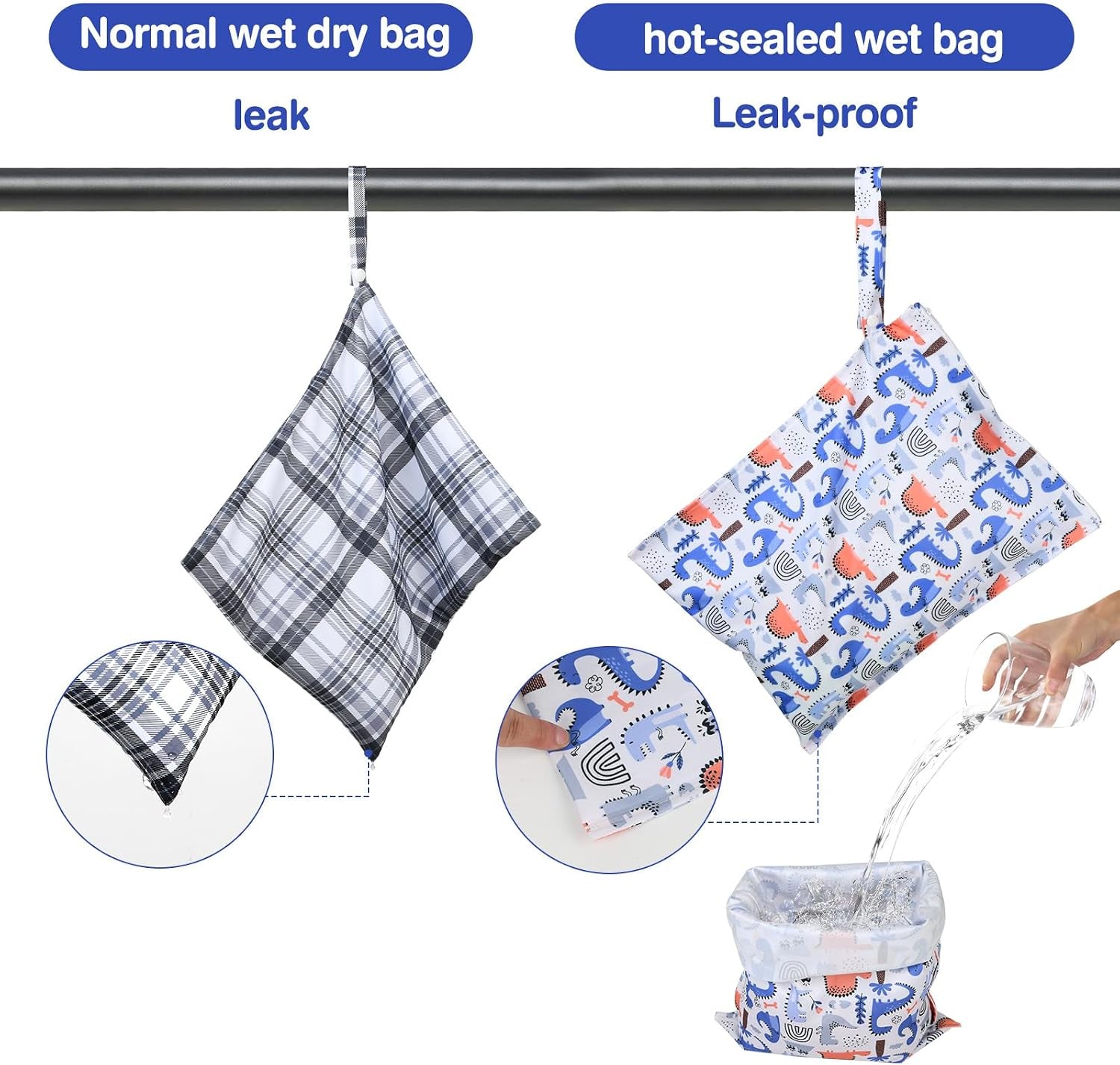 Mess-Proof Waterproof Wet Dry Bag,2 Pack Reusable Wet Bags for Swimsuits& Baby Clothes,Leakproof Wet Bag for Travel & Diaper Changes for Baby-Dinosaur,Lion