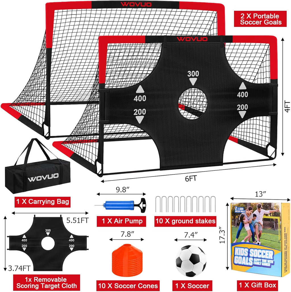 Kids Soccer Goals for Backyard Set of 2, 6X4 Ft Portable Toddler Soccer Goal Training Equipment with Soccer Target, Ball, Cones, Soccer Net for Kids Age 3-5 6-8 8-12 10-12-14 Outdoor Sports Games Gift