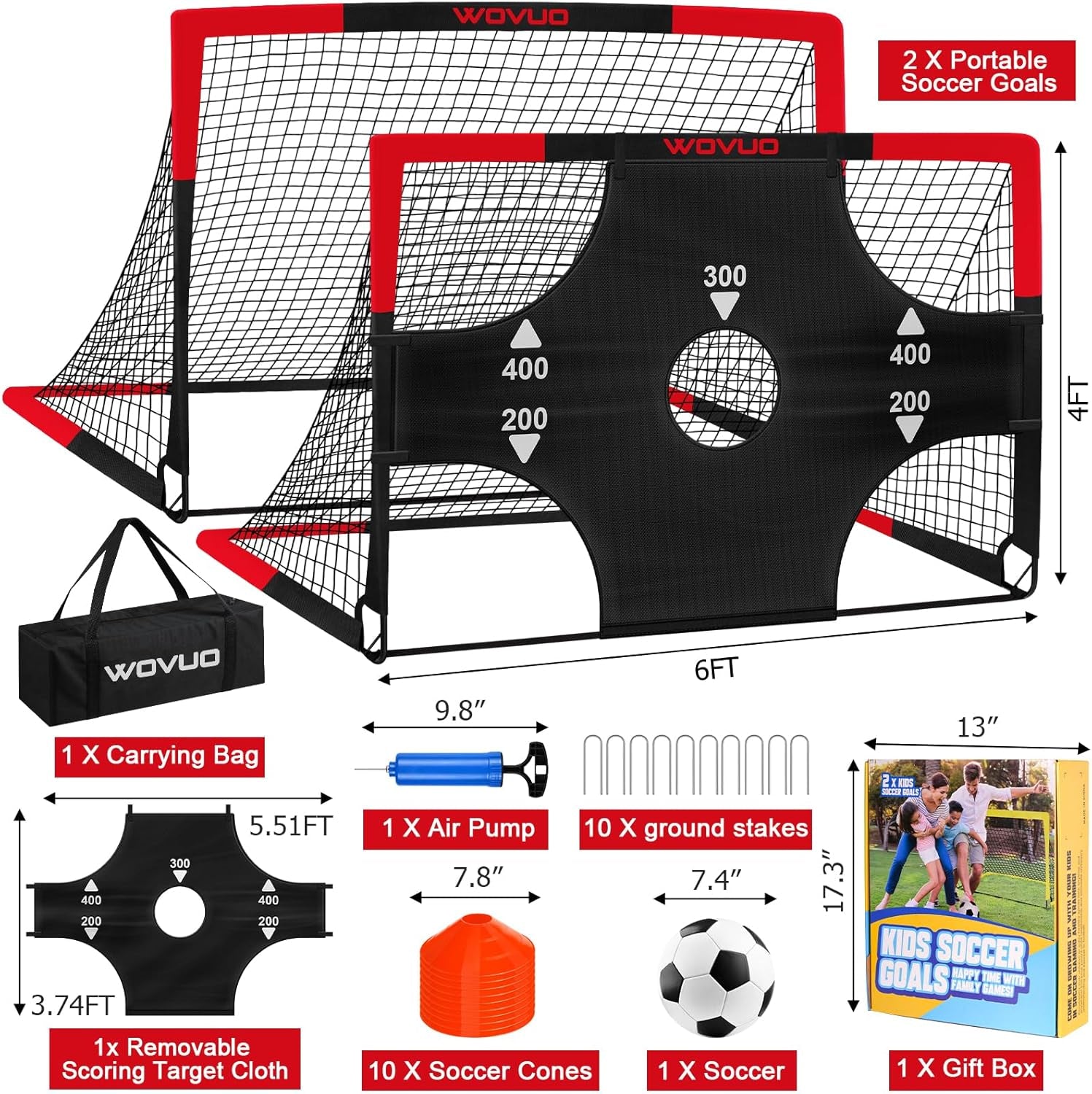 Kids Soccer Goals for Backyard Set of 2, 6X4 Ft Portable Toddler Soccer Goal Training Equipment with Soccer Target, Ball, Cones, Soccer Net for Kids Age 3-5 6-8 8-12 10-12-14 Outdoor Sports Games Gift