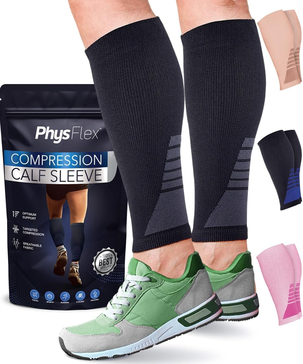 Calf Compression Sleeves for Men and Women - (1 Pair) Footless Compression Socks Support for Varicose Veins, Nursing, Pregnancy, Running -  Leg Sleeve Brace for Shin Splints, Pain Relief and Reduces Swelling (Black, Medium)